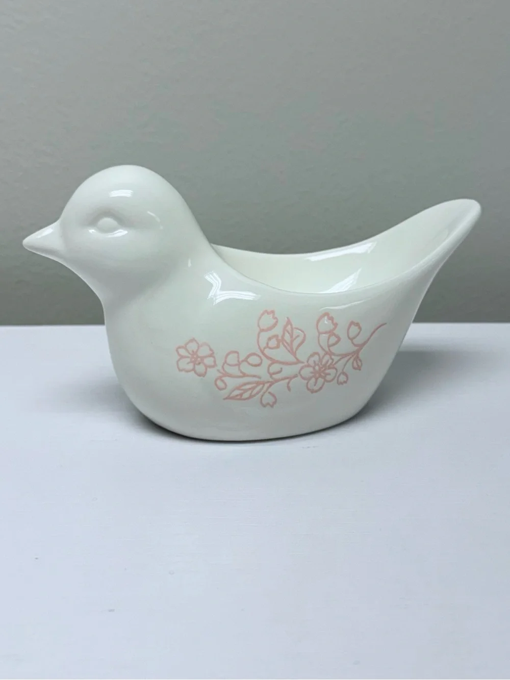 New! Ceramic Bird Trinket Dish with Pink Floral Accents